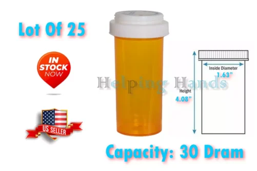 Lot Of 25 Prescription Vials & Reversible Caps (Child & Non-Child Locks) 30 Dram