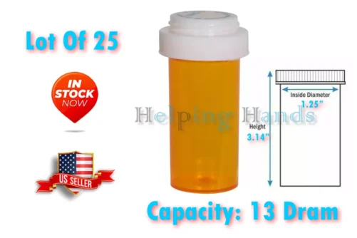 Lot Of 25 Prescription Vials & Reversible Caps (Child & Non-Child Locks) 13 Dram