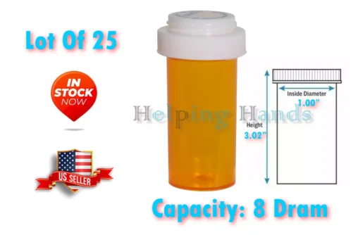 Lot Of 25 Prescription Vials & Reversible Caps (Child & Non-Child Locks) 8 Dram