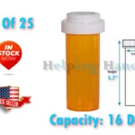 Lot Of 25 Prescription Vials & Reversible Caps (Child & Non-Child Locks) 16 Dram