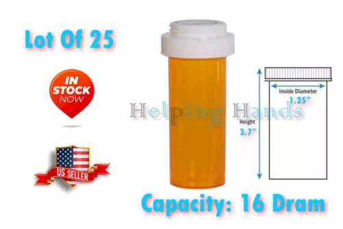 Lot Of 25 Prescription Vials & Reversible Caps (Child & Non-Child Locks) 16 Dram