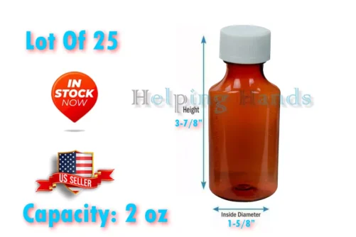 Lot Of 25 Amber PET Oval Liquid Bottle with 24/400 White (Child Lock Cap) 2 oz