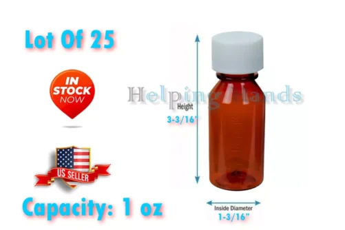 Lot Of 25 Amber PET Round Liquid Bottle with 20/400 White (Child Lock Cap) 1 oz