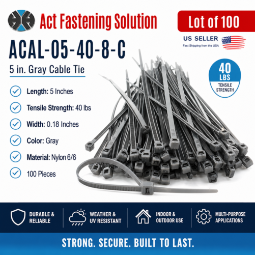 Act Fastening Solution ACAL-05-40-8-C 5 in. 40 lbs Cable Tie, Gray - 100 per Bag