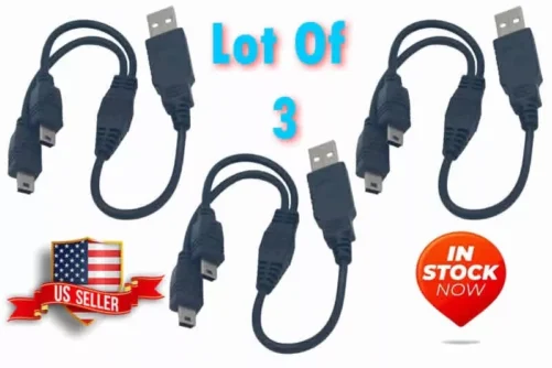 3 NEW Dual Y MINI USB Splitter Charge Cable Power up to Two MINI USB Devices 11"