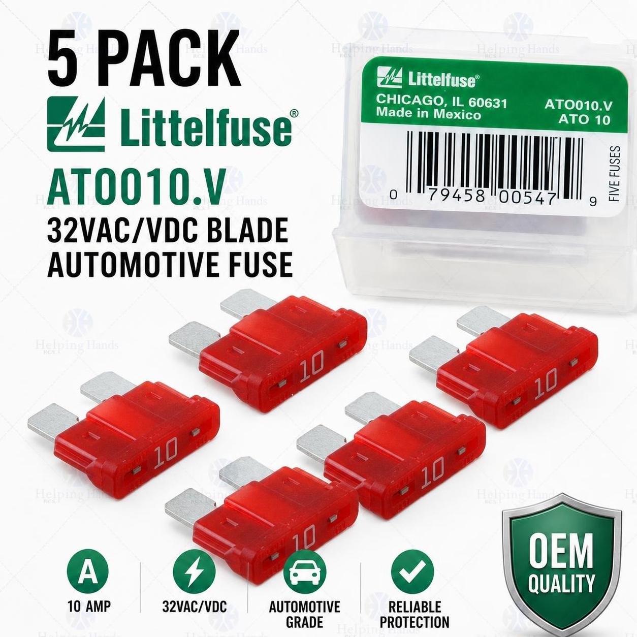 5 Pack - Littelfuse ATO010.V 10A, 32 VAC/DC, ATO Series Fast-Acting Fuse