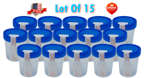 15 Sterile Specimen Cups Urine Collection 120mL - 4oz (W/ Seal LID Name Room Dr)