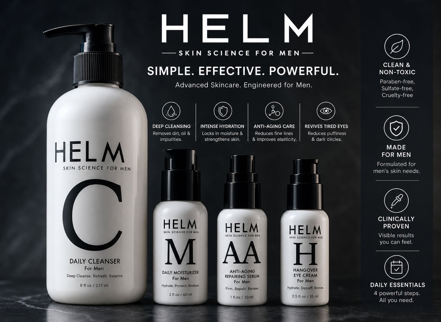 Helm Skin Science for Men Set Anti-Aging Serum, Eye Cream, Moisturizer, Cleanser - Image 2