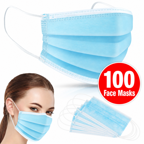 Face Mask Disposable Adults 3Ply Non-Woven with Nose Clip Ear Loop Blue 100 Pcs