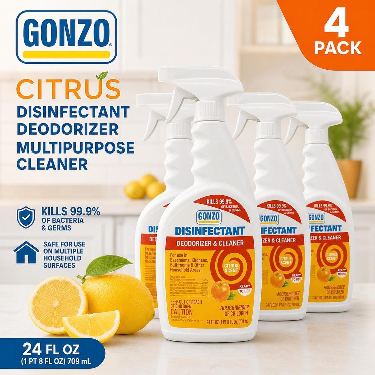 4 Gonzo CITRUS Disinfectant Deodorizer Multipurpose Cleaner 24 fl oz