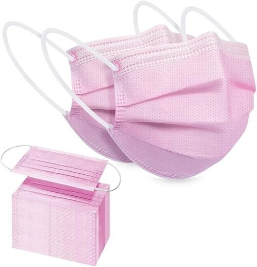 100 Pink Disposable Face Masks, 3-ply Breathable Masks, Elastic Ear Loop Mask