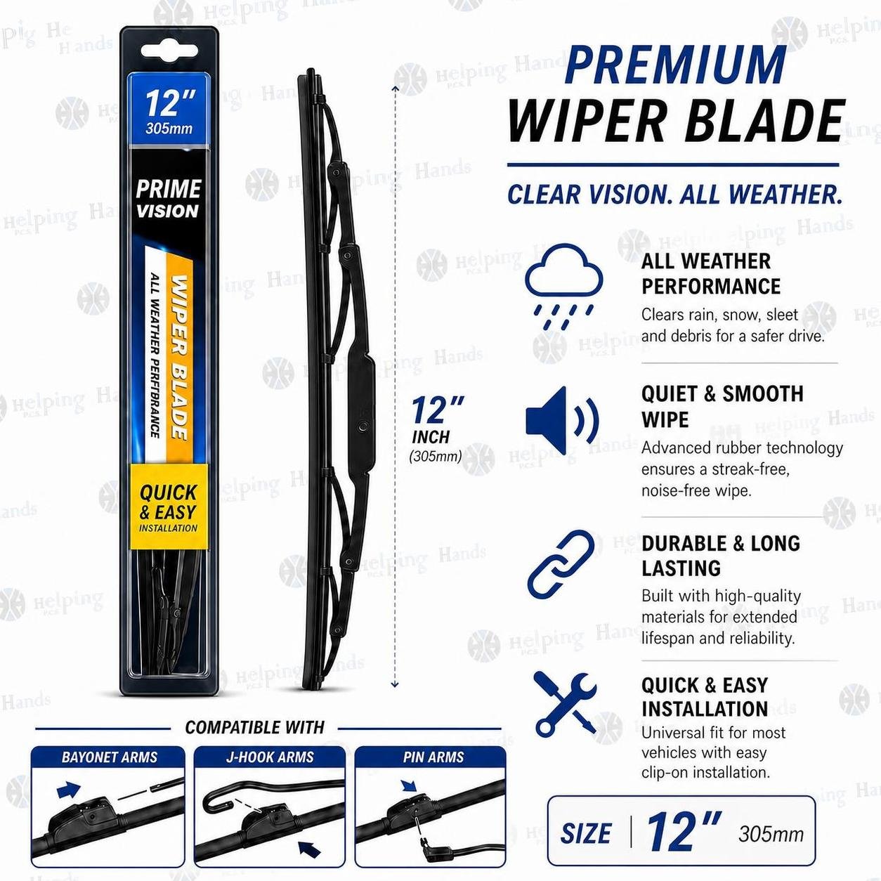 Heavy Duty All Weather Conventional - J-Hook, Bayonet, Pin - Wiper Blade 12 Inch