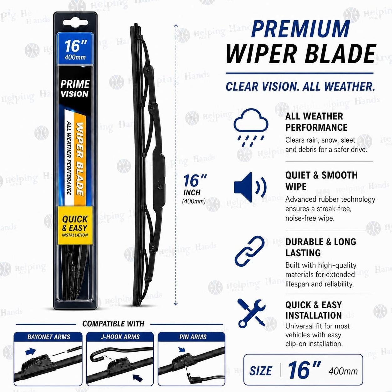 Heavy Duty All Weather Conventional - J-Hook, Bayonet, Pin - Wiper Blade 16 Inch