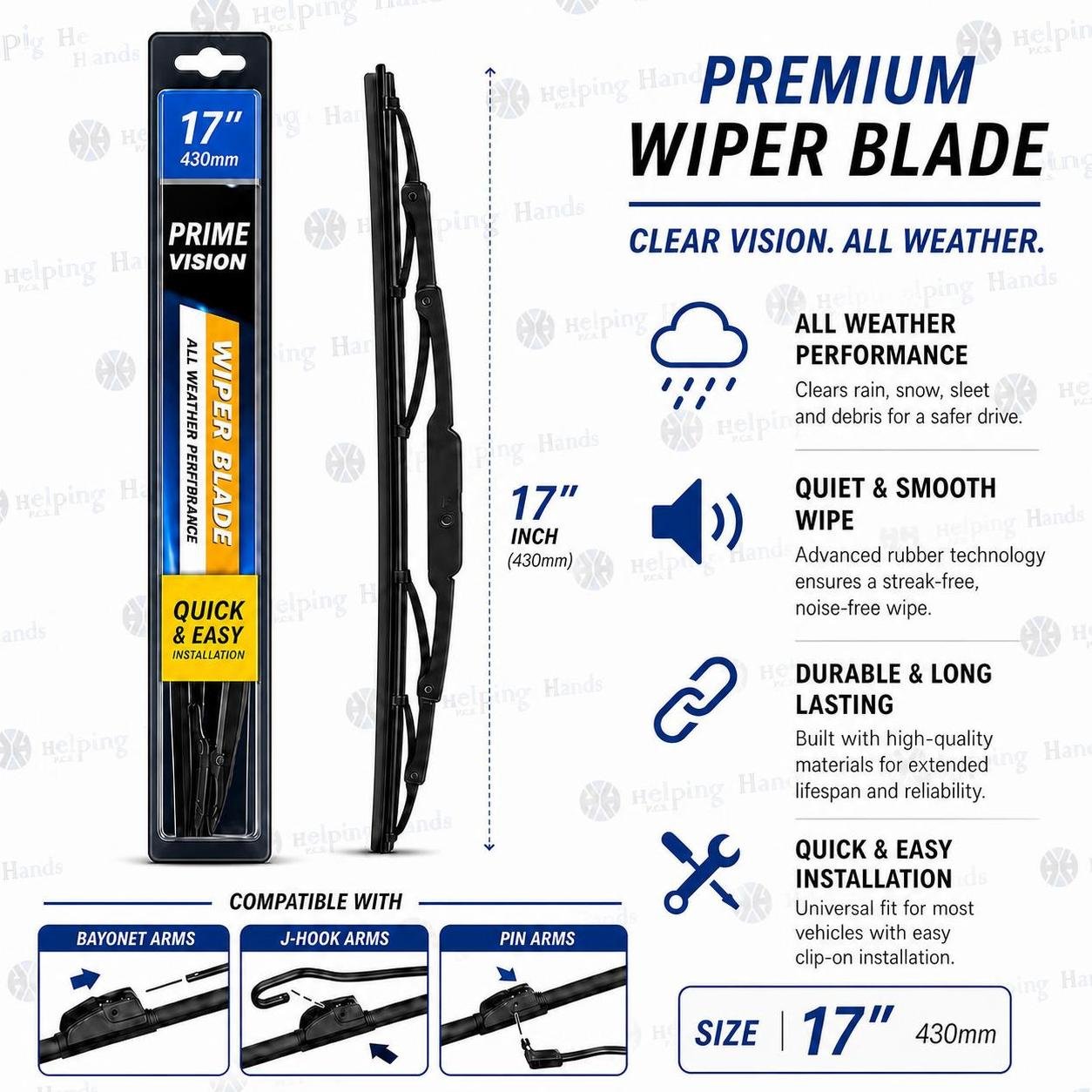 Heavy Duty All Weather Conventional - J-Hook, Bayonet, Pin - Wiper Blade 17 Inch
