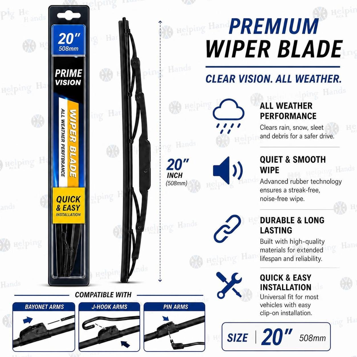 Heavy Duty All Weather Conventional - J-Hook, Bayonet, Pin - Wiper Blade 20 Inch