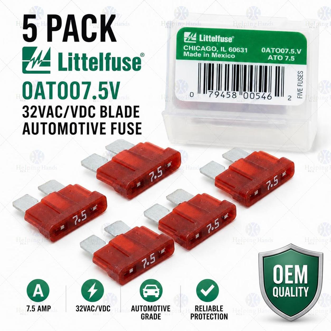 5 Pack Littelfuse 0ATO07.5V 32VAC/VDC BLADE Automotive Fuse