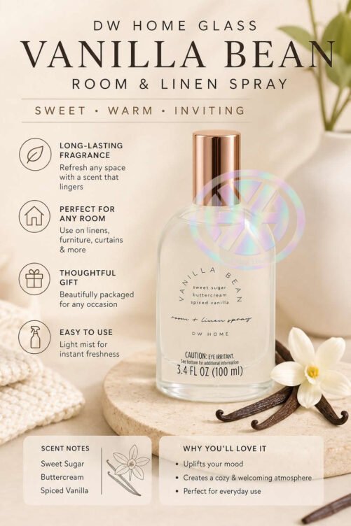 DW Home Glass VANILLA BEAN Long Lasting Scented Room & Linen Spray 3.4oz