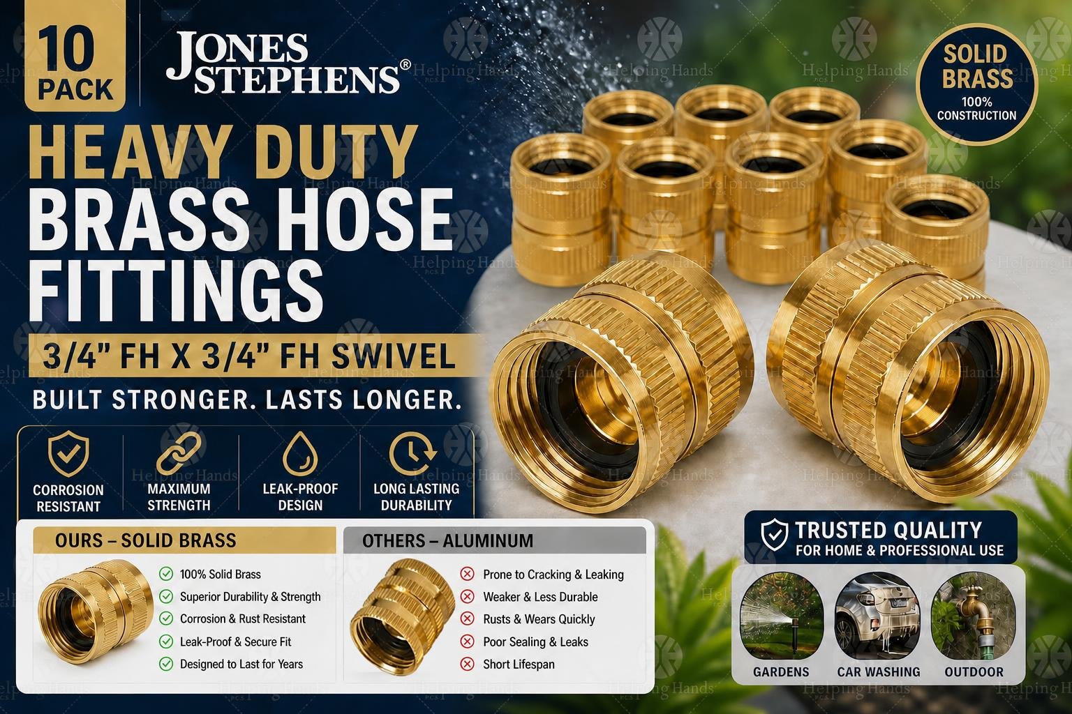 10 Pack - Jones Stephens Heavy Duty Brass Hose Fittings - 3/4 FH X 3/4 FH SWIVEL
