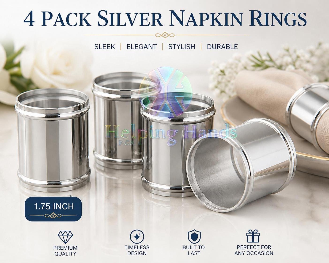 4 Pack Silver in Color Sleek Elegant Stylish Dining Napkin Rings 1.75 Inch
