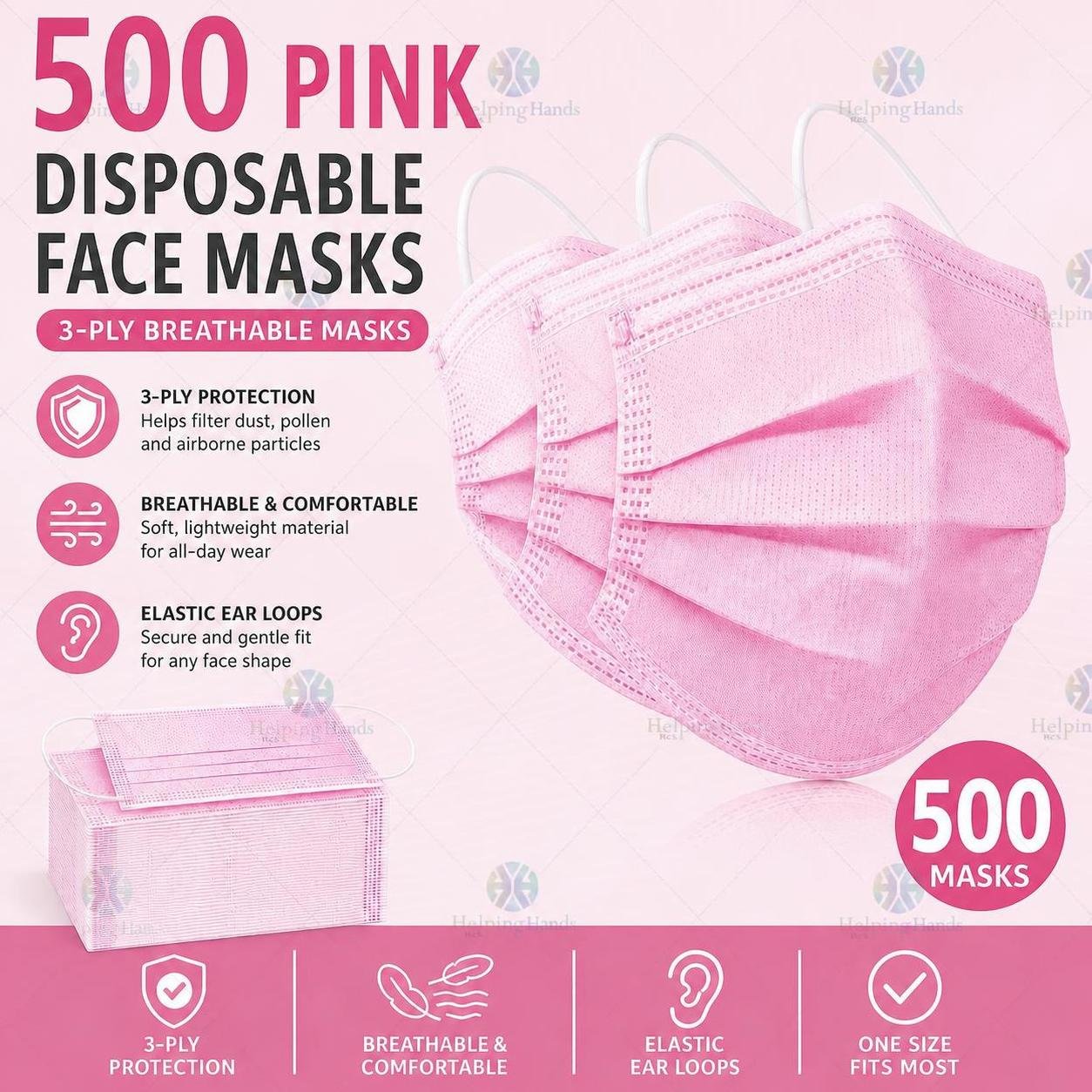 500 Pink Disposable Face Masks, 3-ply Breathable Masks, Elastic Ear Loop Mask