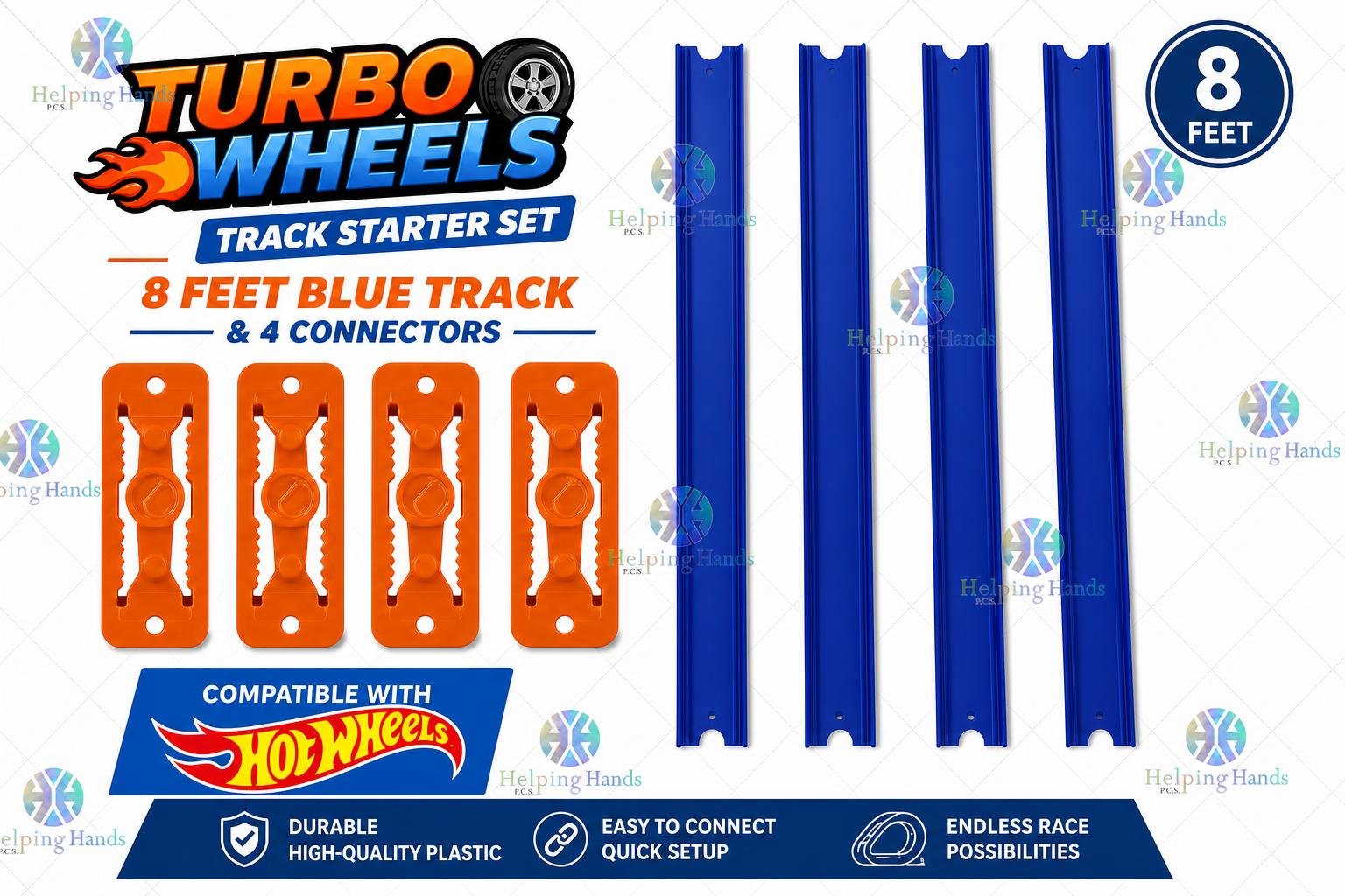 Turbo Hot Wheels Track Starter Set 8 Feet Blue Track 4 Connectors
