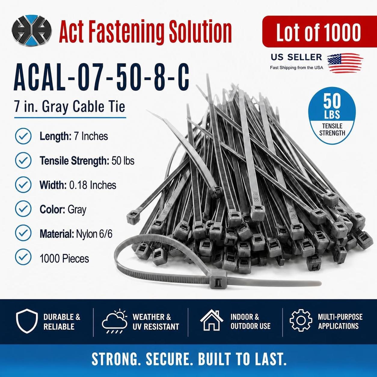 1000 Act Gray High-Quality UV Nylon ACAL-07-50-8-C - 7 in 50 lbs Cable Ties