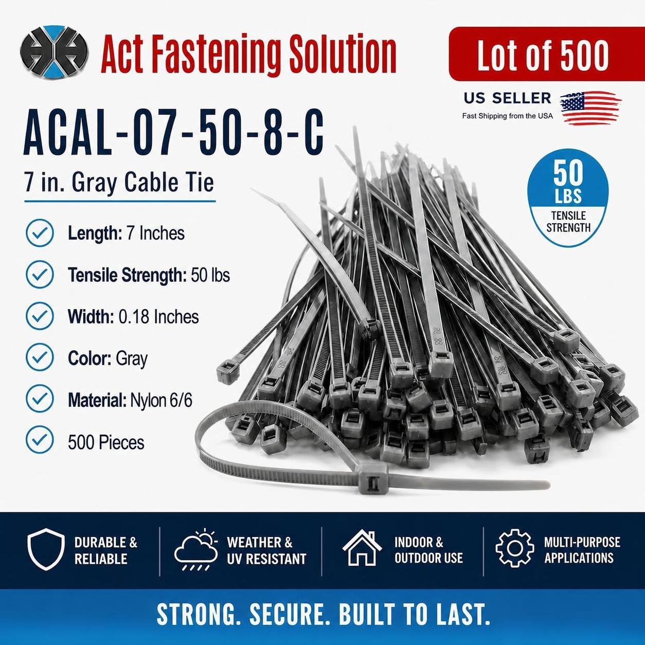 500 Act Gray High-Quality UV Nylon ACAL-07-50-8-C - 7 in 50 lbs Cable Ties