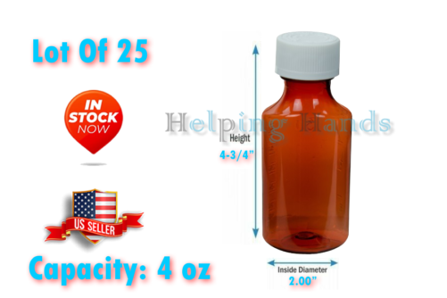 Lot Of 25 Amber PET Oval Liquid Bottle with 24/400 White (Child Lock Cap) 4 oz