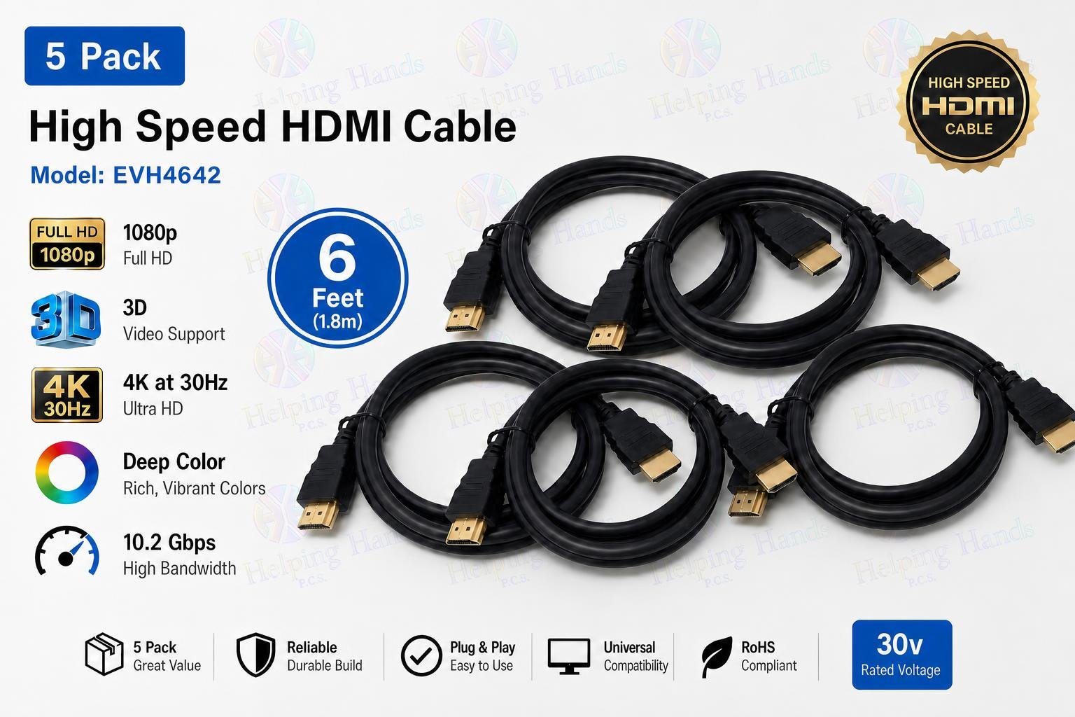 5 High Speed HDMI Cable 6-Feet 1080p, 3D, Deep Color, 4K at 30Hz, 10.2 Gbps 30v