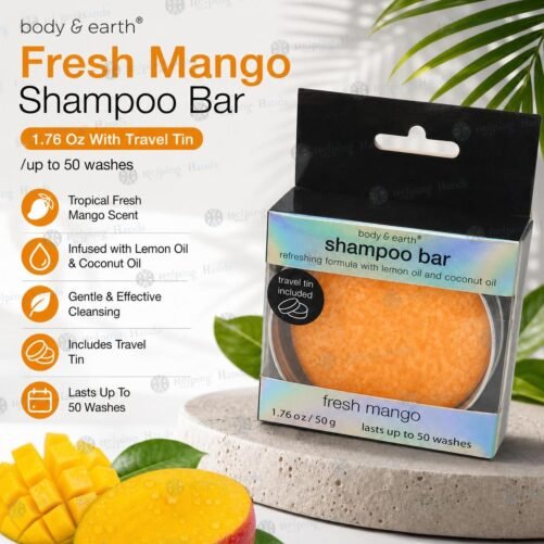 Body & Earth Fresh Mango Shampoo Bar, 1.76 Oz With Travel Tin /up to 50 washes