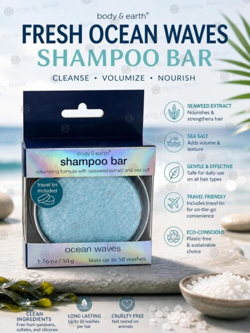 Body & Earth Fresh Ocean Waves Shampoo Bar, 1.76 Oz Travel Tin /up to 50 washes