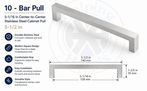 10 - Bar Pull 5-1/16 in Center-to-Center Stainless Steel Cabinet Pull 5-1/2 in