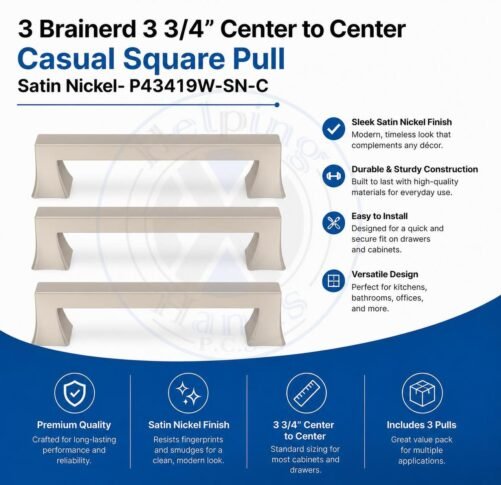 3 Brainerd 3 3/4” Center to Center Casual Square Pull Satin Nickel- P43419W-SN-C