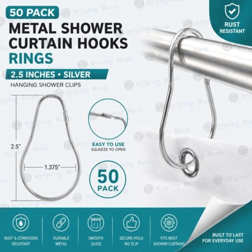 New 50 Shower Curtain Metal Hooks Rings 2.5 Inches Silver Hanging Shower Clips
