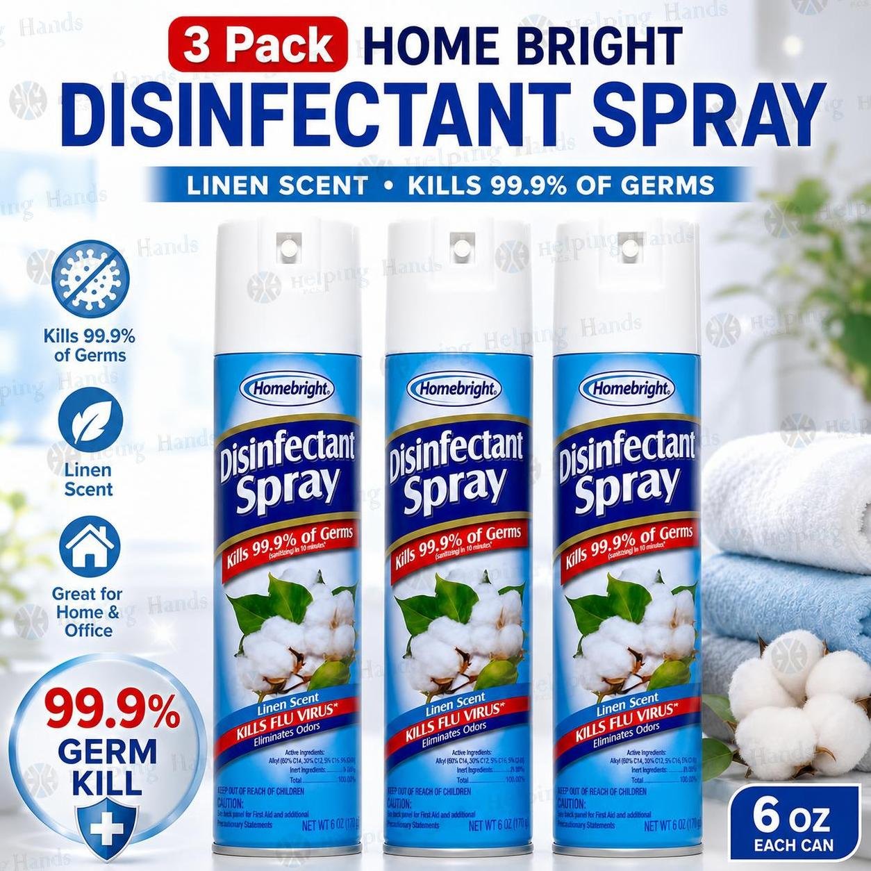 3 Pack Homebright Disinfectant Spray - Linen Scent, Kills 99.9% of Germs, 6 oz