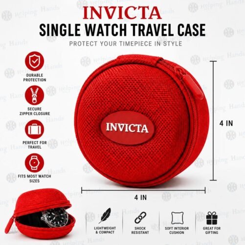 Red Single Watch Travel Case with Red Zipper and Invicta logo in White