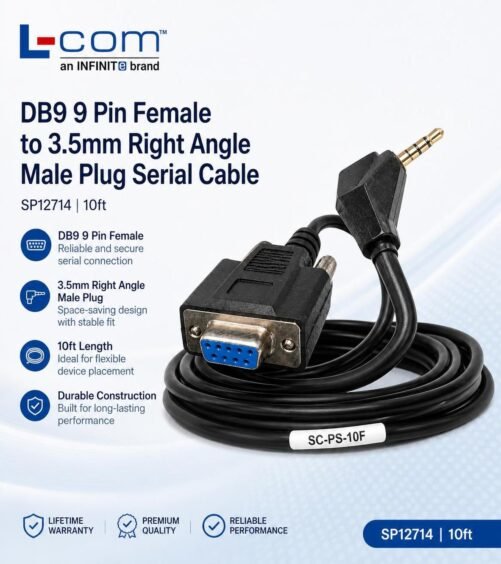 L-COM DB9 9 Pin Female to 3.5mm Right Angle Male Plug Serial Cable SP12714 10ft