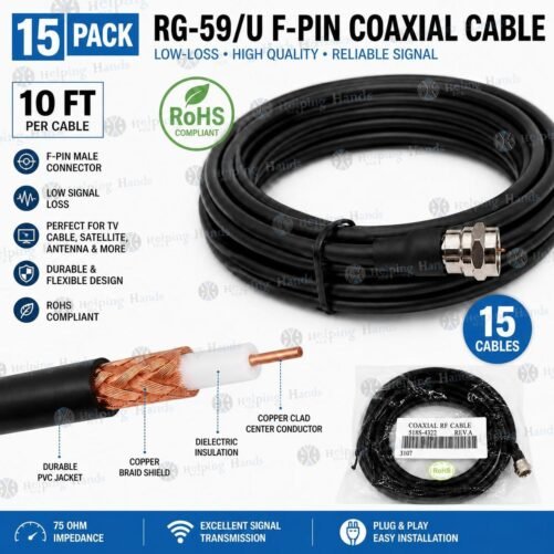 15 Lot New: RG-59/U F-pin Coaxial Cable, Low-Loss F-pin Male, 10 FT, Black