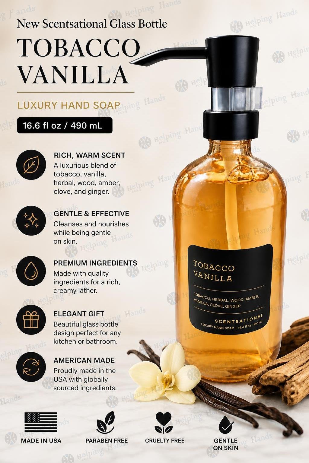 New Scentsational Glass Bottle Tobacco Vanilla Luxury Hand Soap 16.6 fl oz