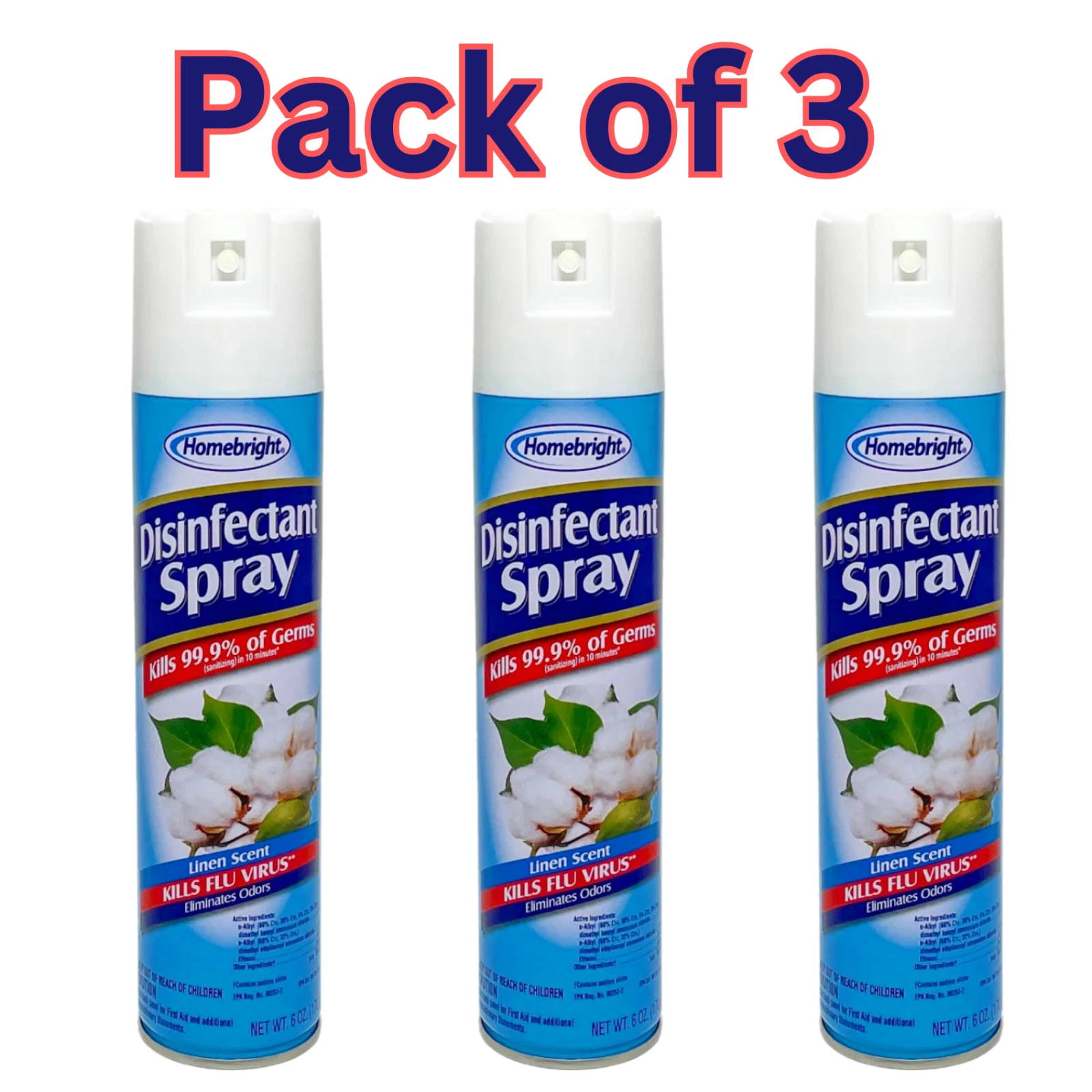 3 Pack Homebright Disinfectant Spray - Linen Scent, Kills 99.9% of Germs, 6 oz - Image 6